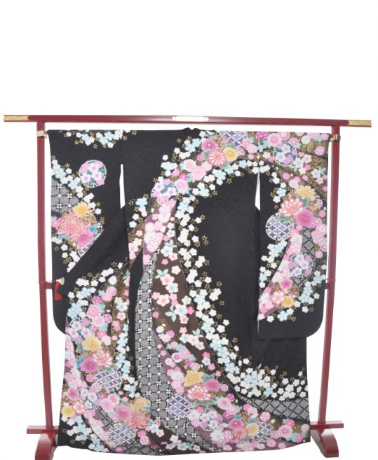 成人式振袖[絞り]黒にピンクの花柄、雪輪、熨斗目[身長172cmまで]No.646